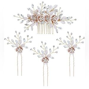 Rose Gold Metallic Pink Faux Crystal Gemstone Hair Comb and Hair Pins